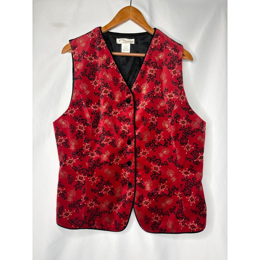 Vtg Norm Thompson‎ Red Velvet Damask Vest women XL Holiday Black Gold Scroll USA